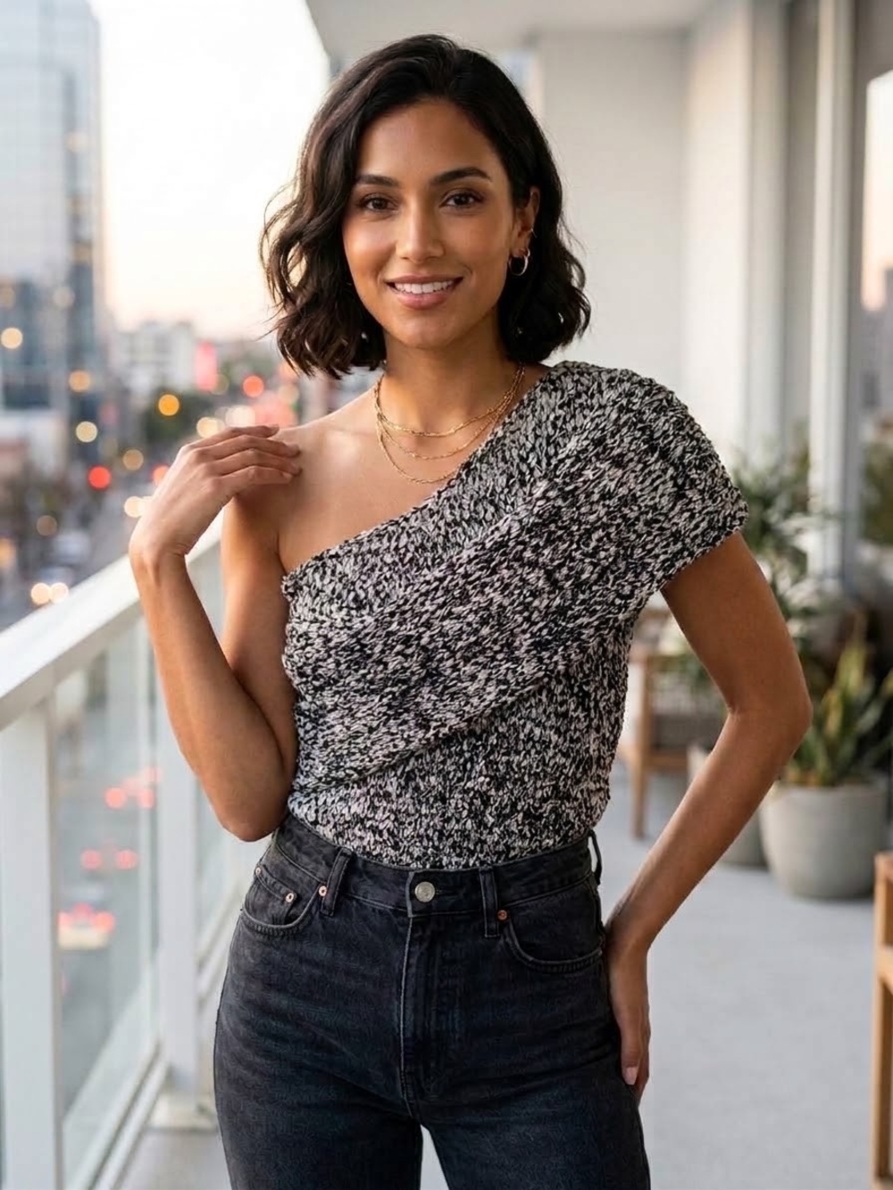 Zara Black & White One-Shoulder Knit Camisole